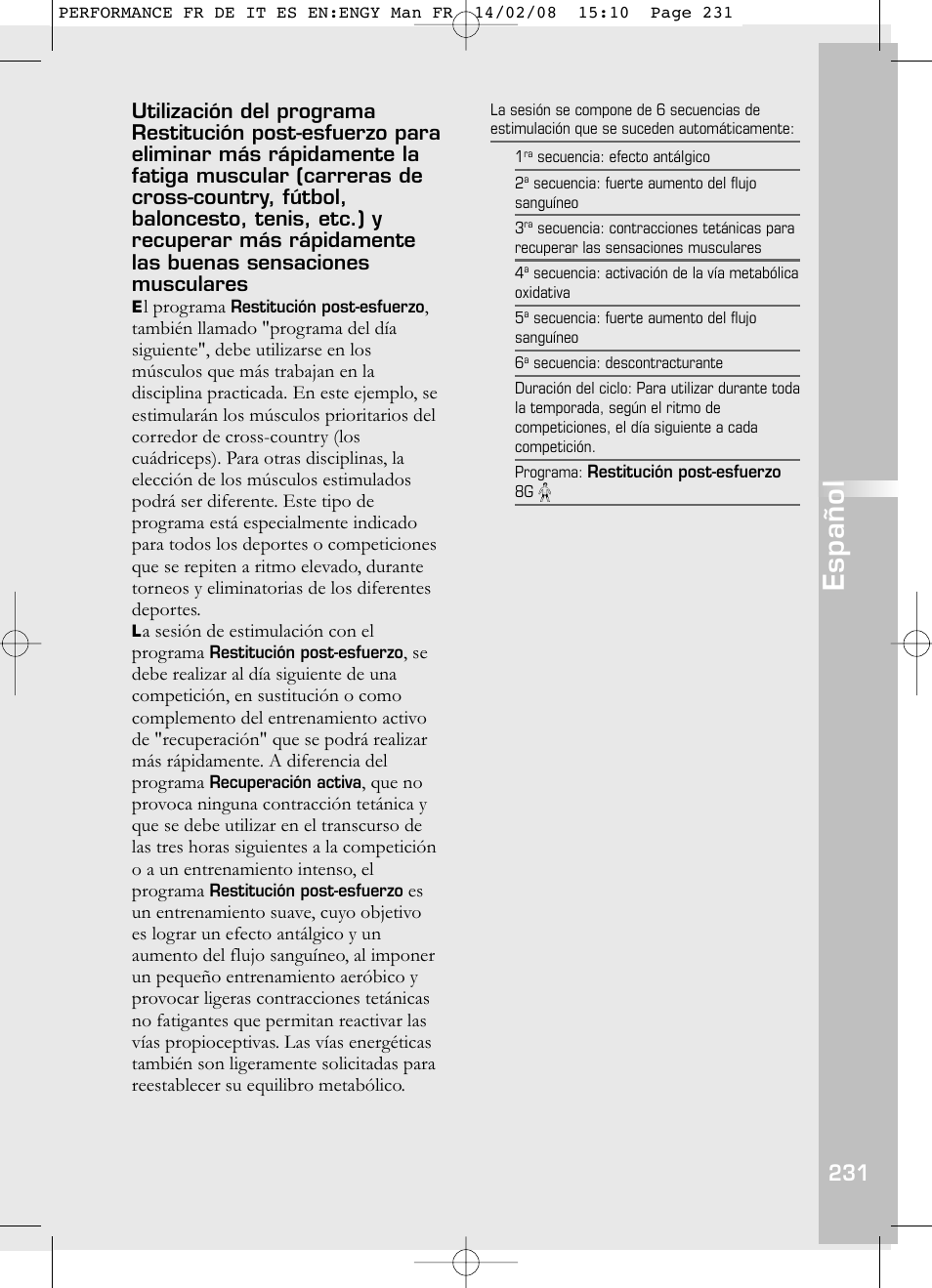 Español | Compex Performance User Manual | Page 233 / 313