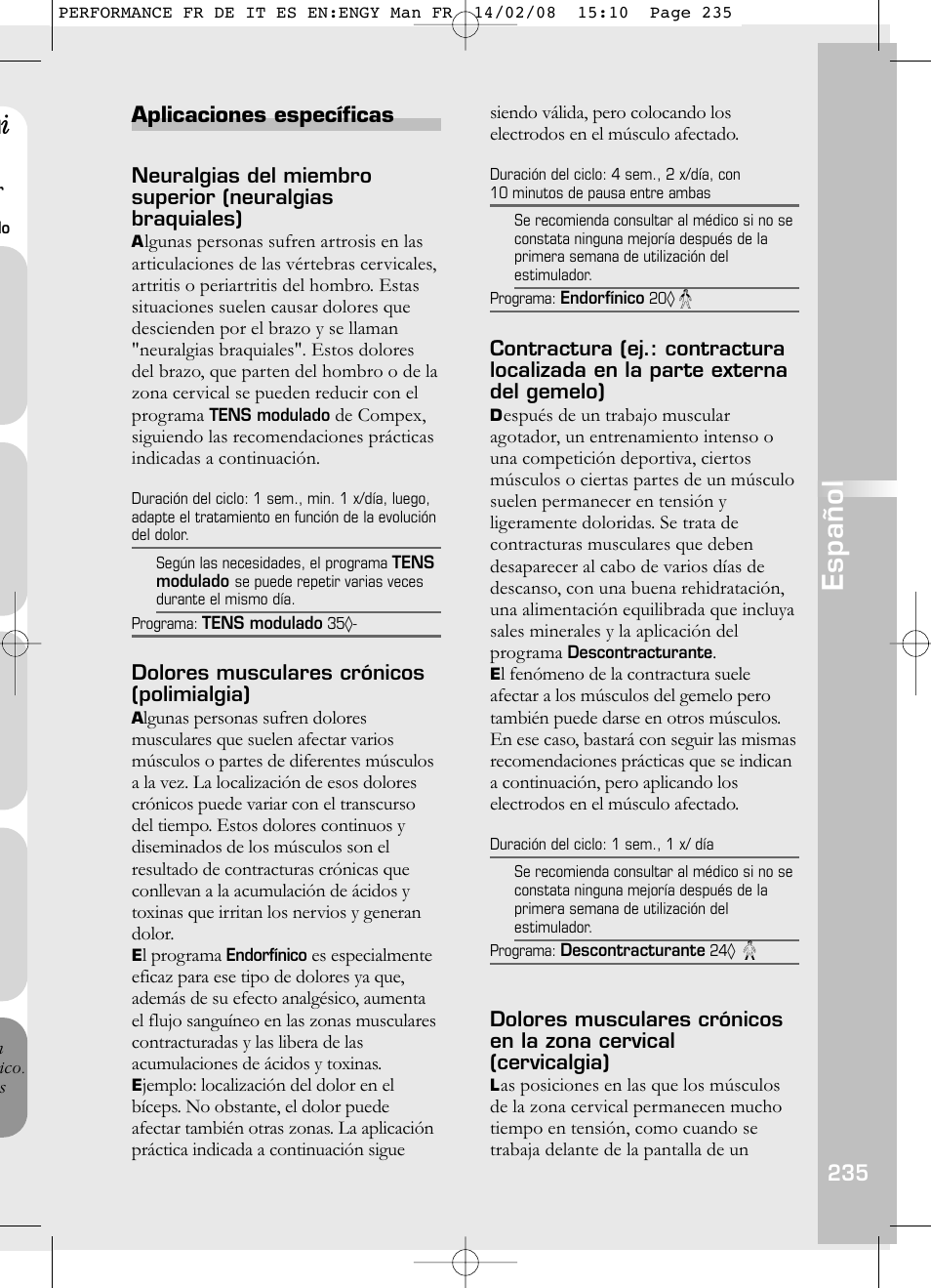 Español, Aplicaciones específicas | Compex Performance User Manual | Page 237 / 313
