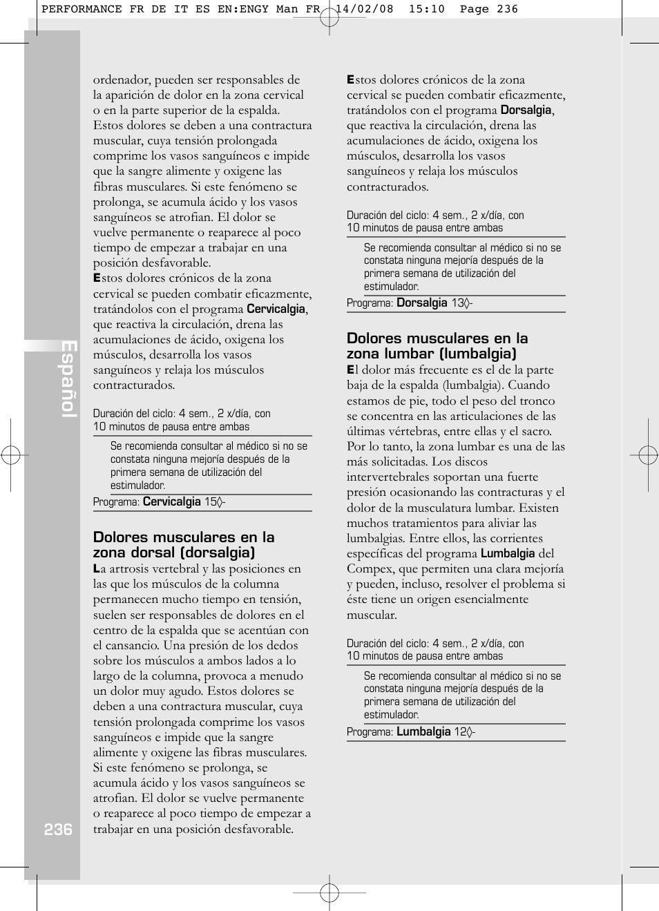 Español | Compex Performance User Manual | Page 238 / 313