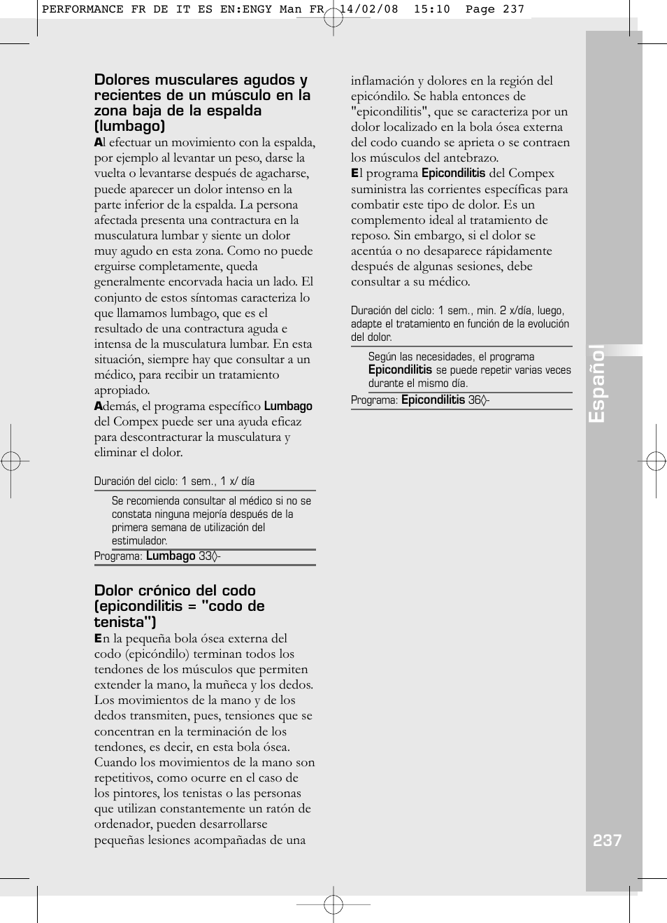 Español | Compex Performance User Manual | Page 239 / 313