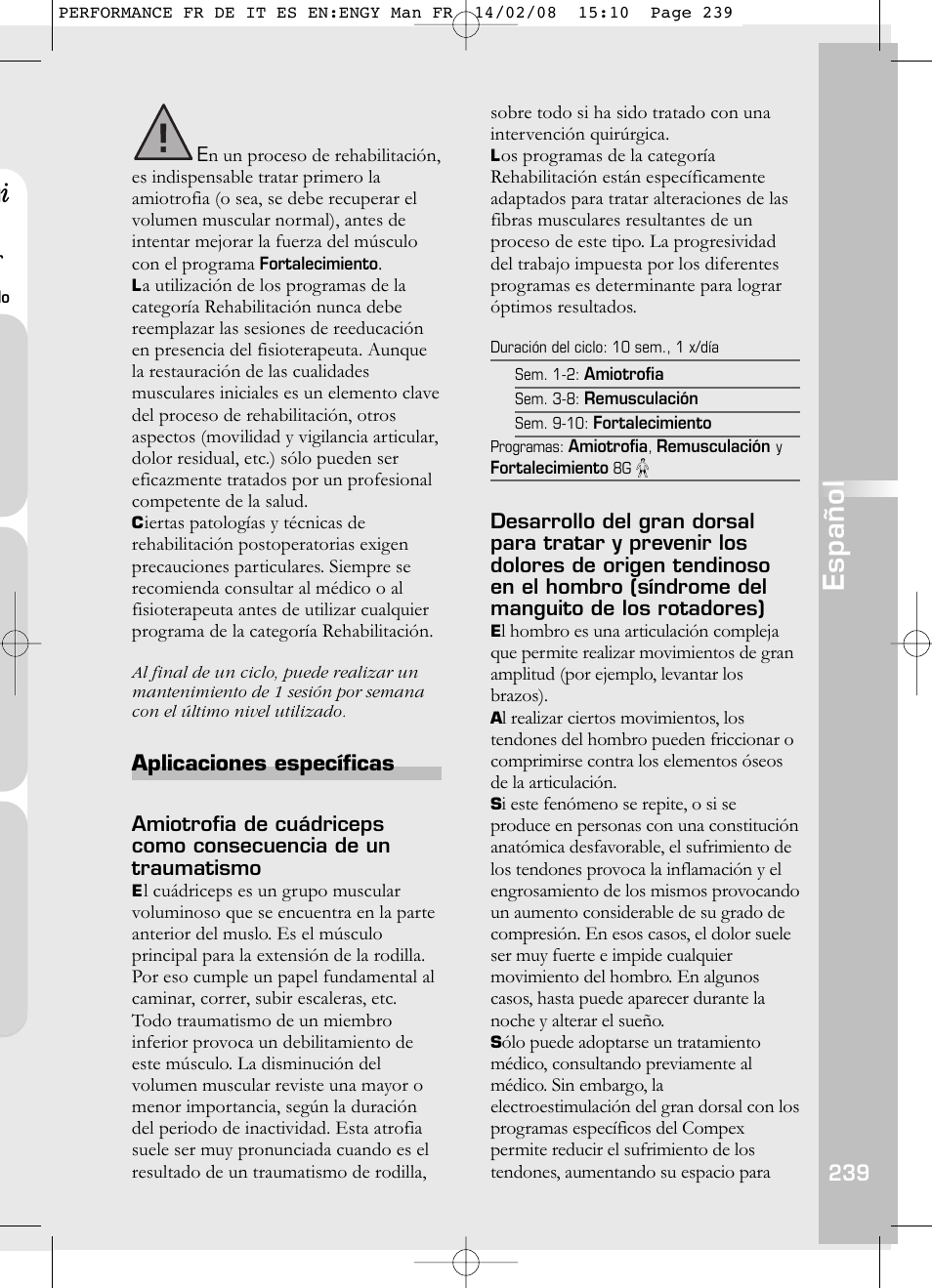 Español, Aplicaciones específicas | Compex Performance User Manual | Page 241 / 313