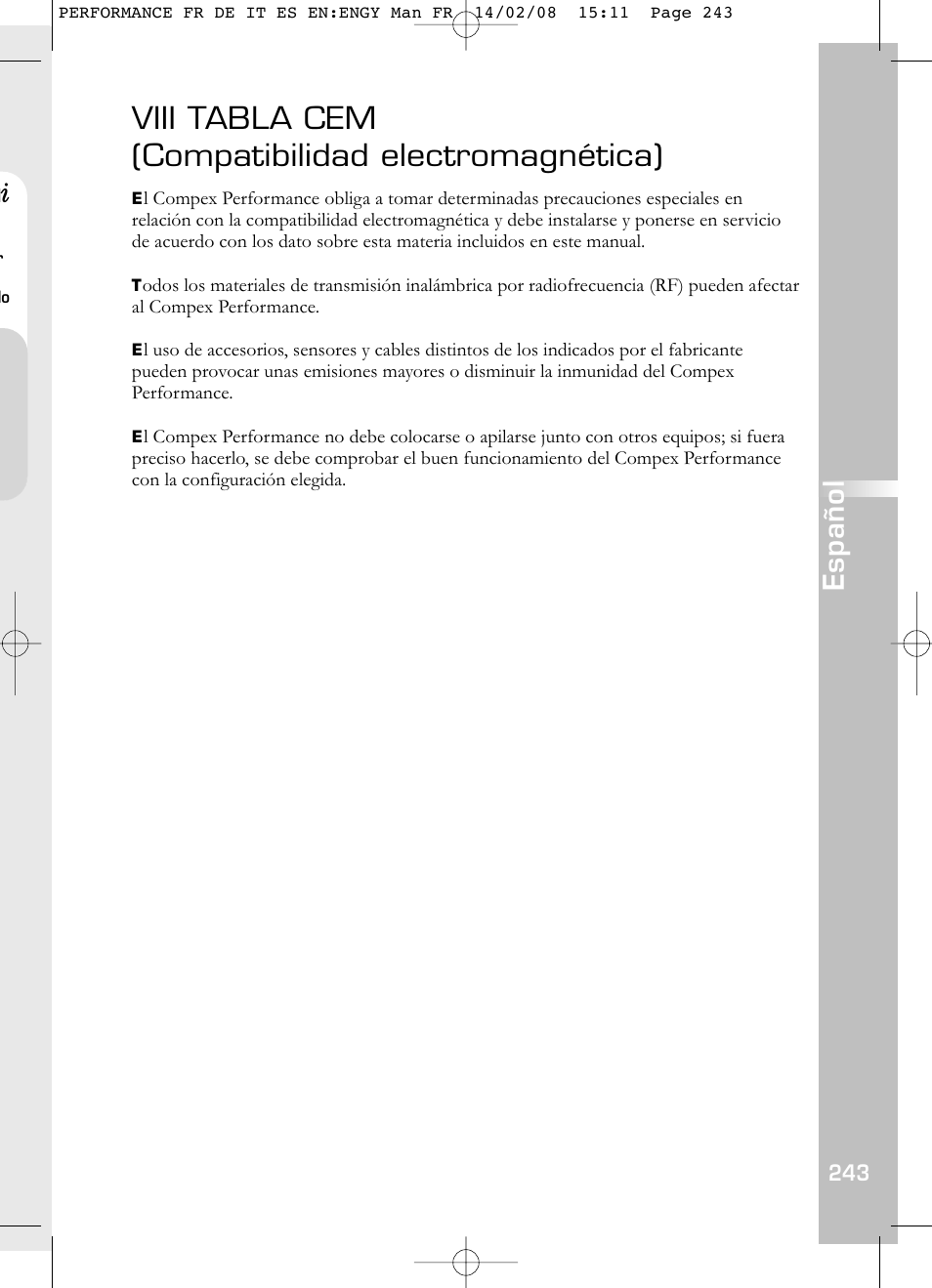 Viii tabla cem (compatibilidad electromagnética), Español | Compex Performance User Manual | Page 245 / 313