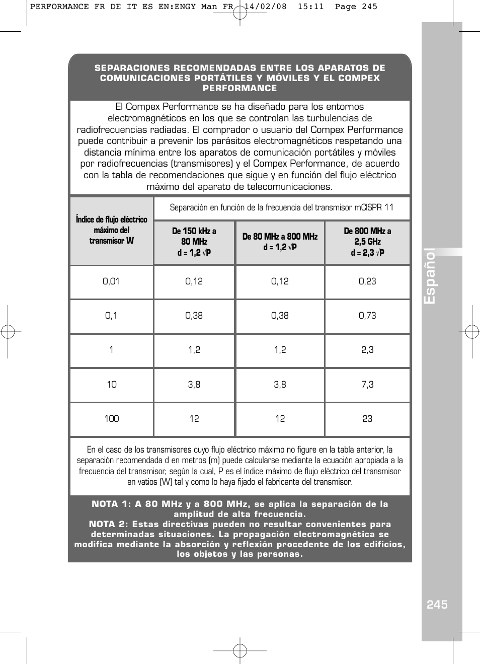 Español | Compex Performance User Manual | Page 247 / 313