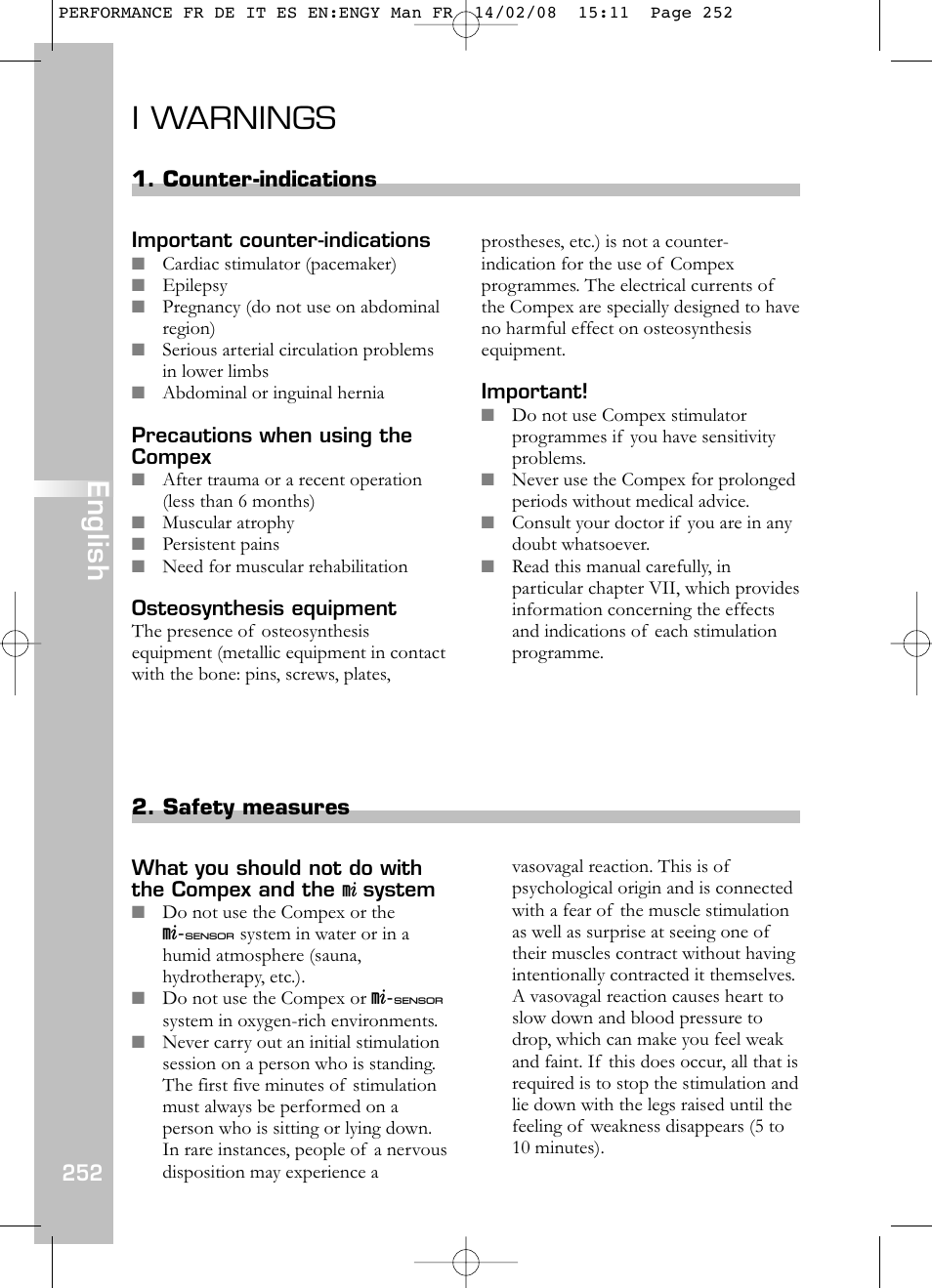 I warnings, English | Compex Performance User Manual | Page 254 / 313