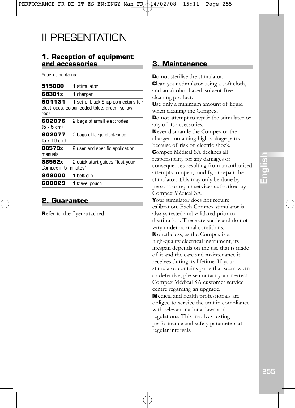 Ii presentation, English, Maintenance | Reception of equipment and accessories, Guarantee | Compex Performance User Manual | Page 257 / 313