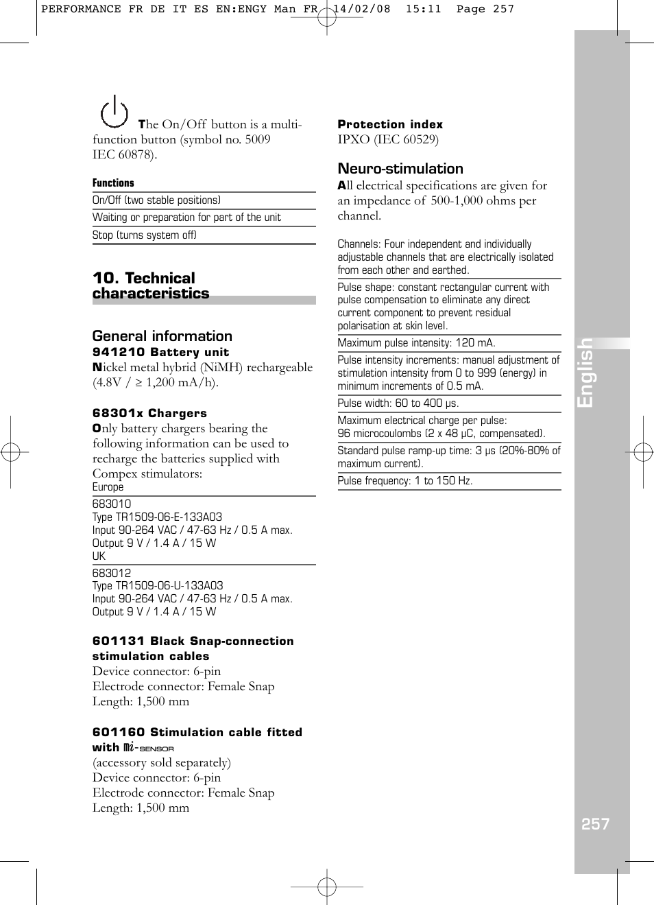 English, Technical characteristics | Compex Performance User Manual | Page 259 / 313