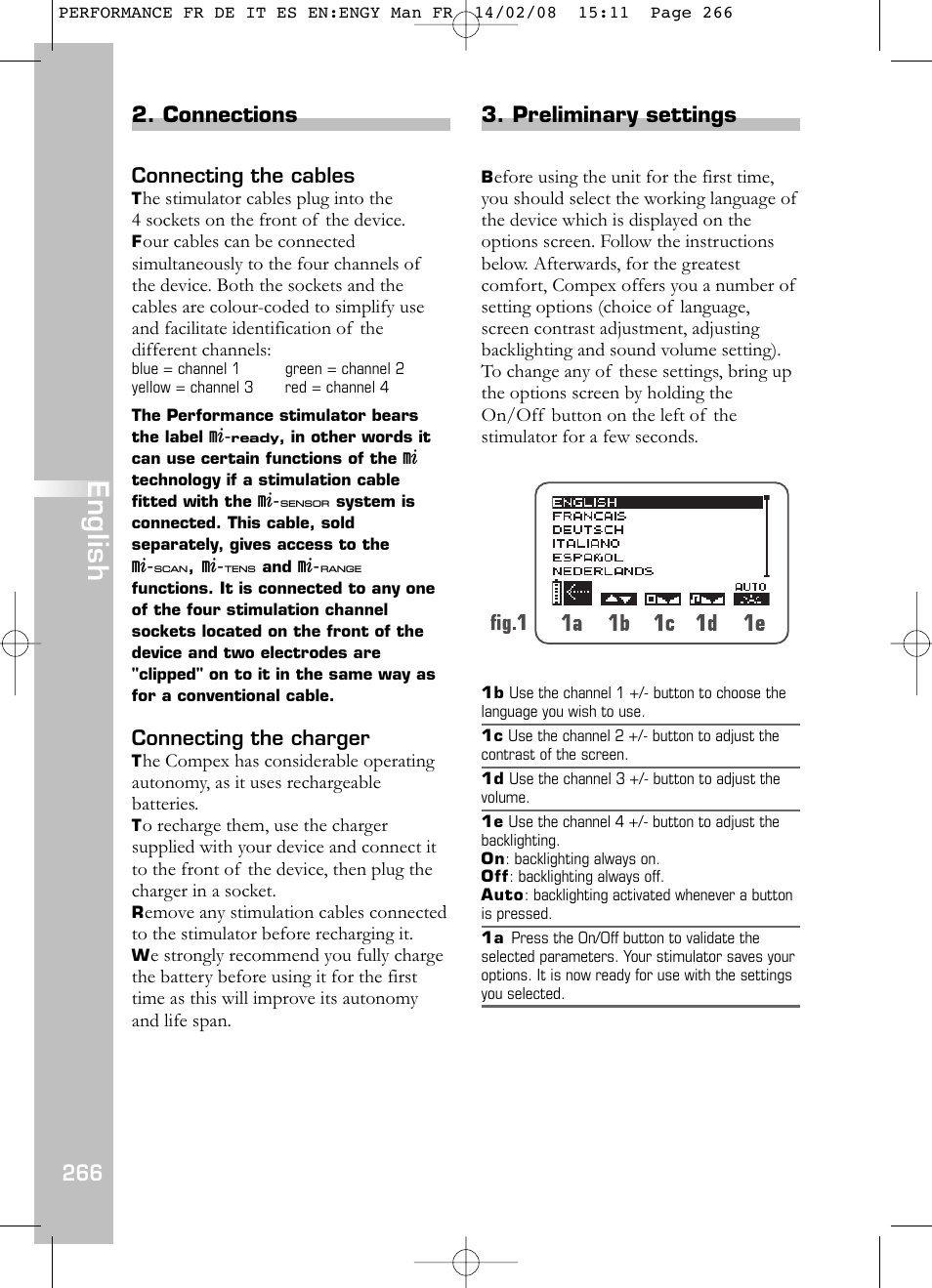 English, Connections, Preliminary settings | Compex Performance User Manual | Page 268 / 313