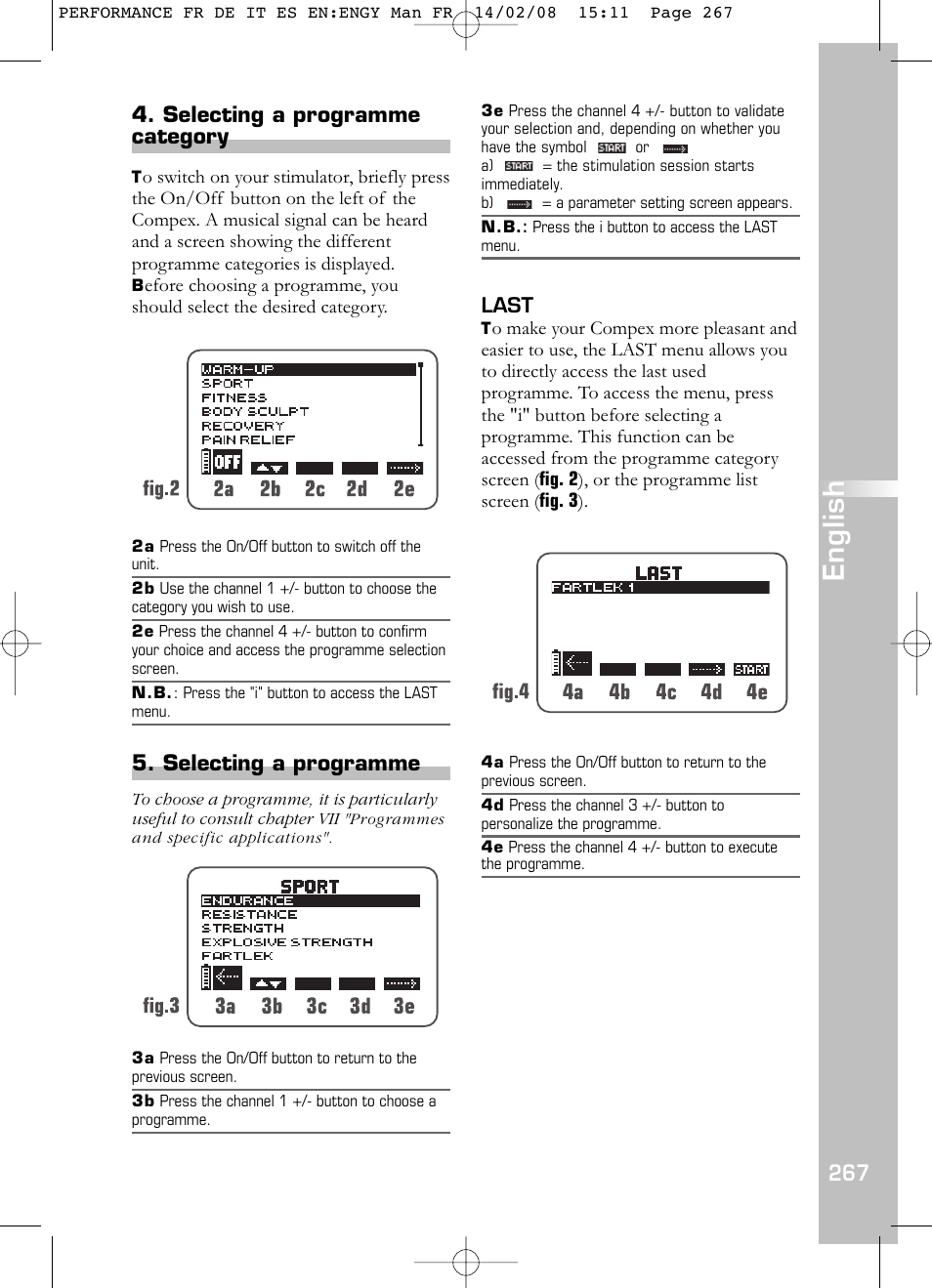 English, Selecting a programme category, Selecting a programme | Last | Compex Performance User Manual | Page 269 / 313