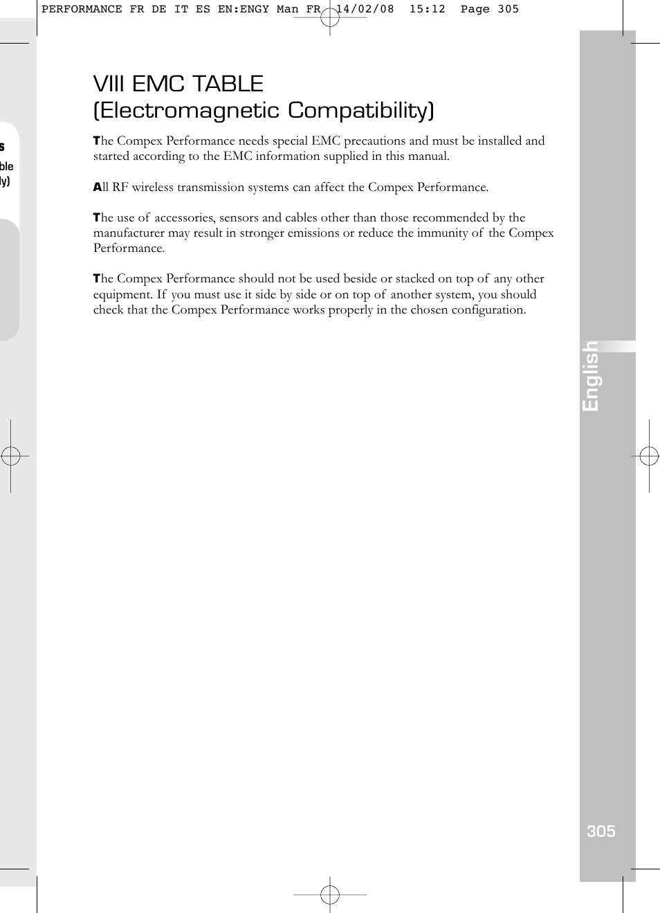 Viii emc table (electromagnetic compatibility), English | Compex Performance User Manual | Page 307 / 313