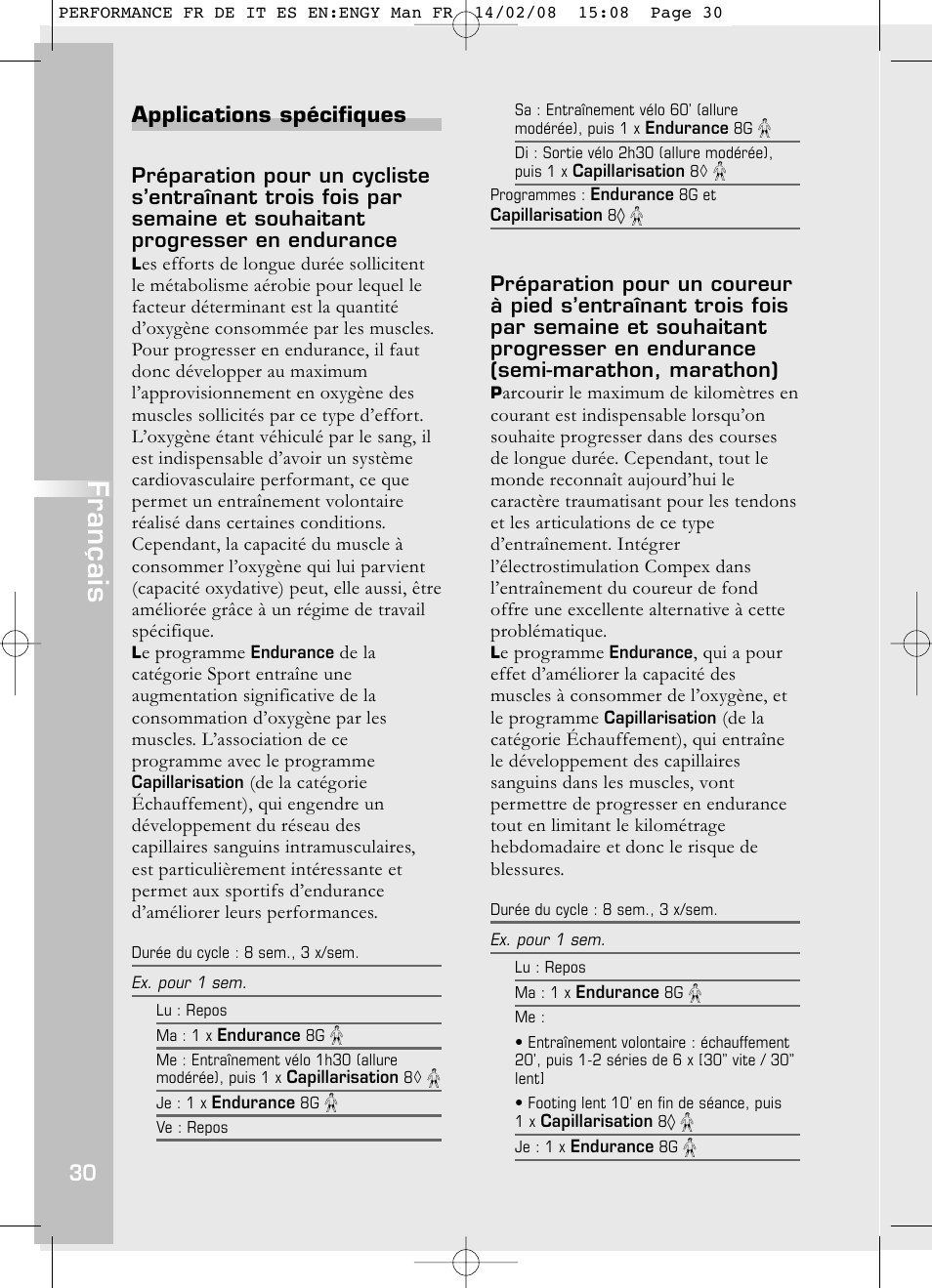 Français, Applications spécifiques | Compex Performance User Manual | Page 32 / 313