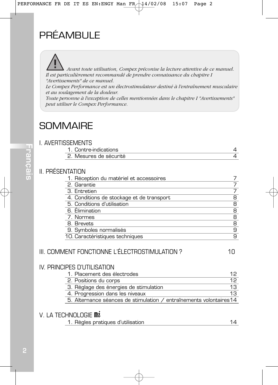 Sommaire, Préambule, Français | Compex Performance User Manual | Page 4 / 313