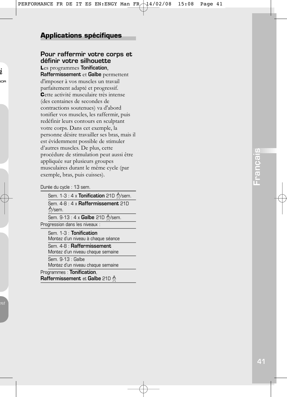 Français, Applications spécifiques | Compex Performance User Manual | Page 43 / 313