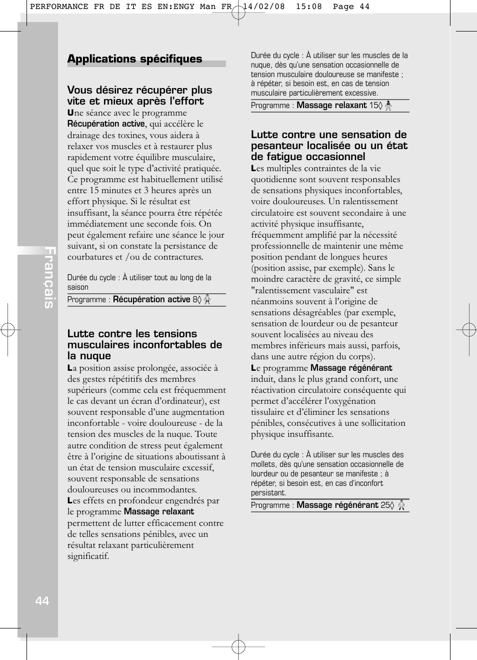 Français | Compex Performance User Manual | Page 46 / 313