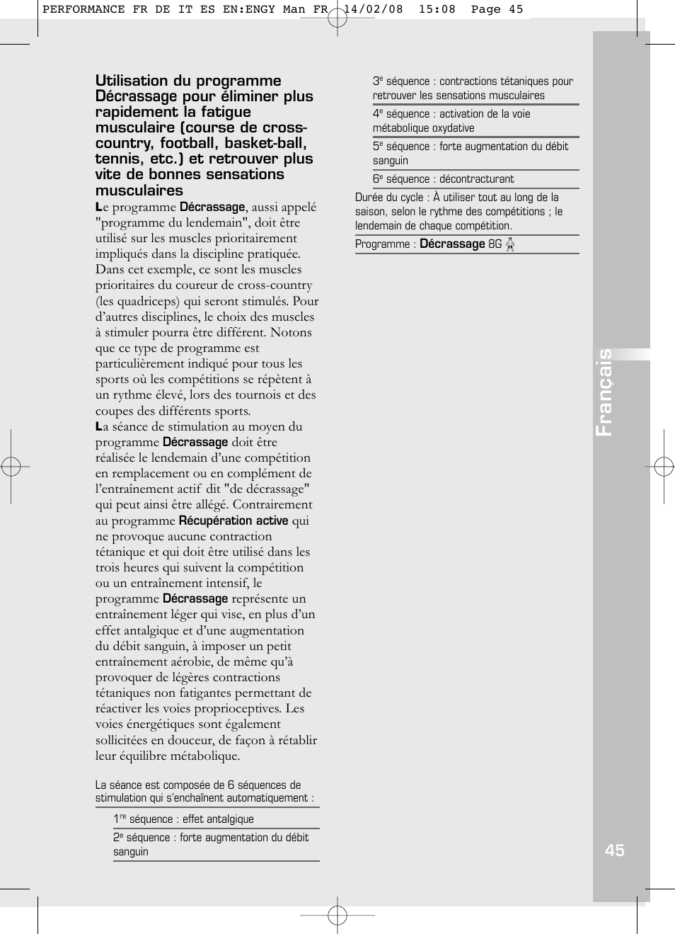Français, Décrassage, Utilisation du programme | Compex Performance User Manual | Page 47 / 313