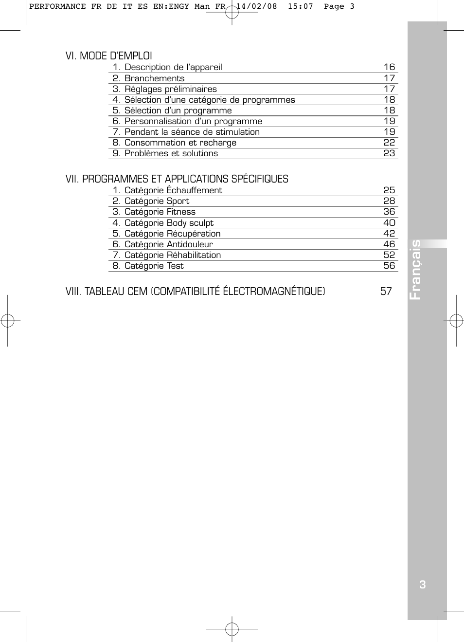 Français, Vi. mode d’emploi, Vii. programmes et applications spécifiques | Compex Performance User Manual | Page 5 / 313
