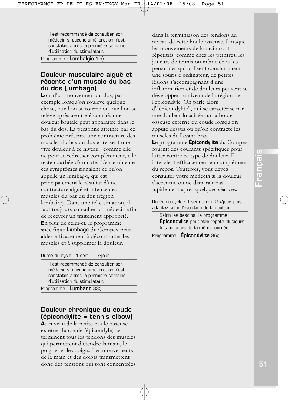 Français | Compex Performance User Manual | Page 53 / 313