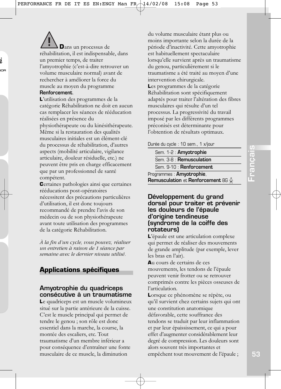 Français, Applications spécifiques | Compex Performance User Manual | Page 55 / 313