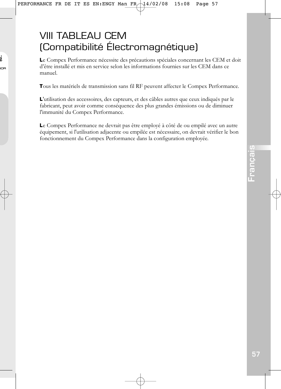 Viii tableau cem (compatibilité électromagnétique), Français | Compex Performance User Manual | Page 59 / 313