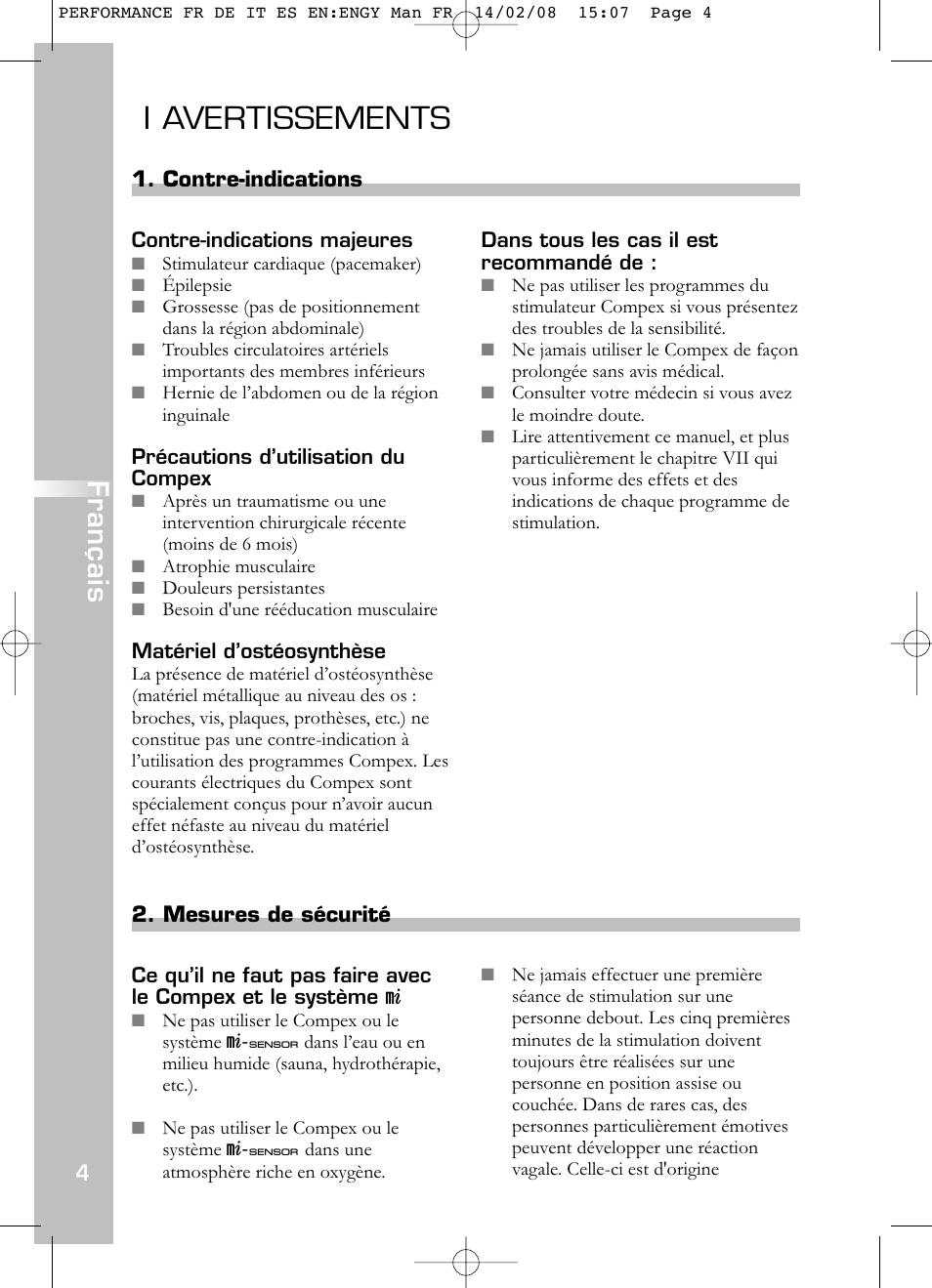 I avertissements, Français | Compex Performance User Manual | Page 6 / 313