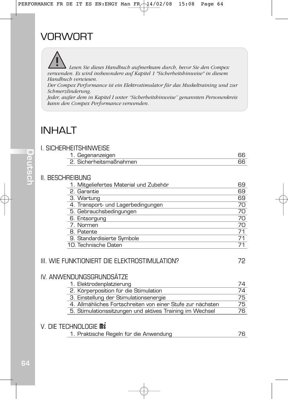 Inhalt, Vorwort, Deutsch | Compex Performance User Manual | Page 66 / 313