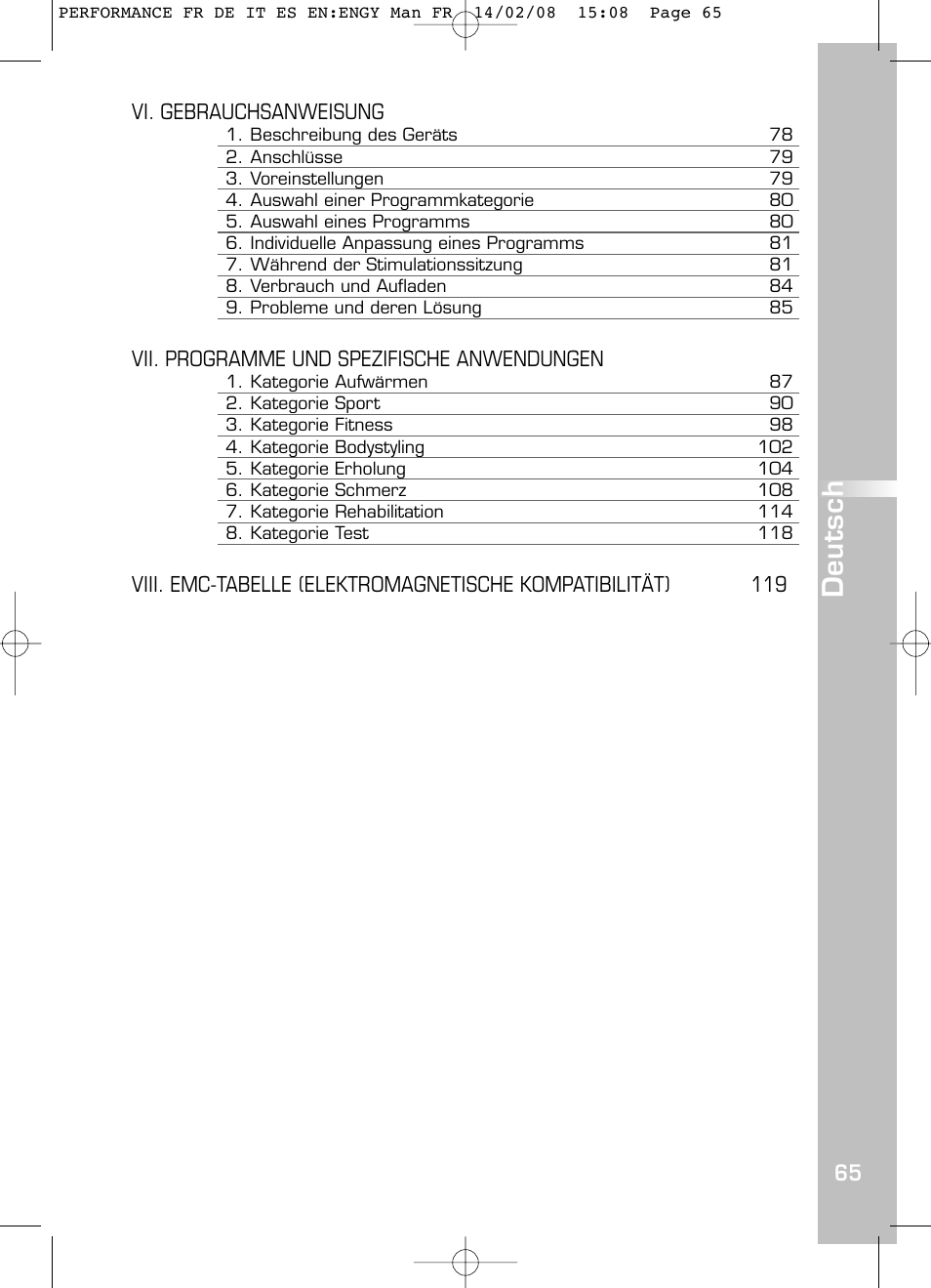 Deutsch, Vi. gebrauchsanweisung, Vii. programme und spezifische anwendungen | Compex Performance User Manual | Page 67 / 313