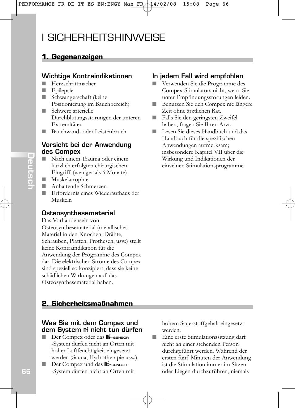 I sicherheitshinweise, Deutsch | Compex Performance User Manual | Page 68 / 313