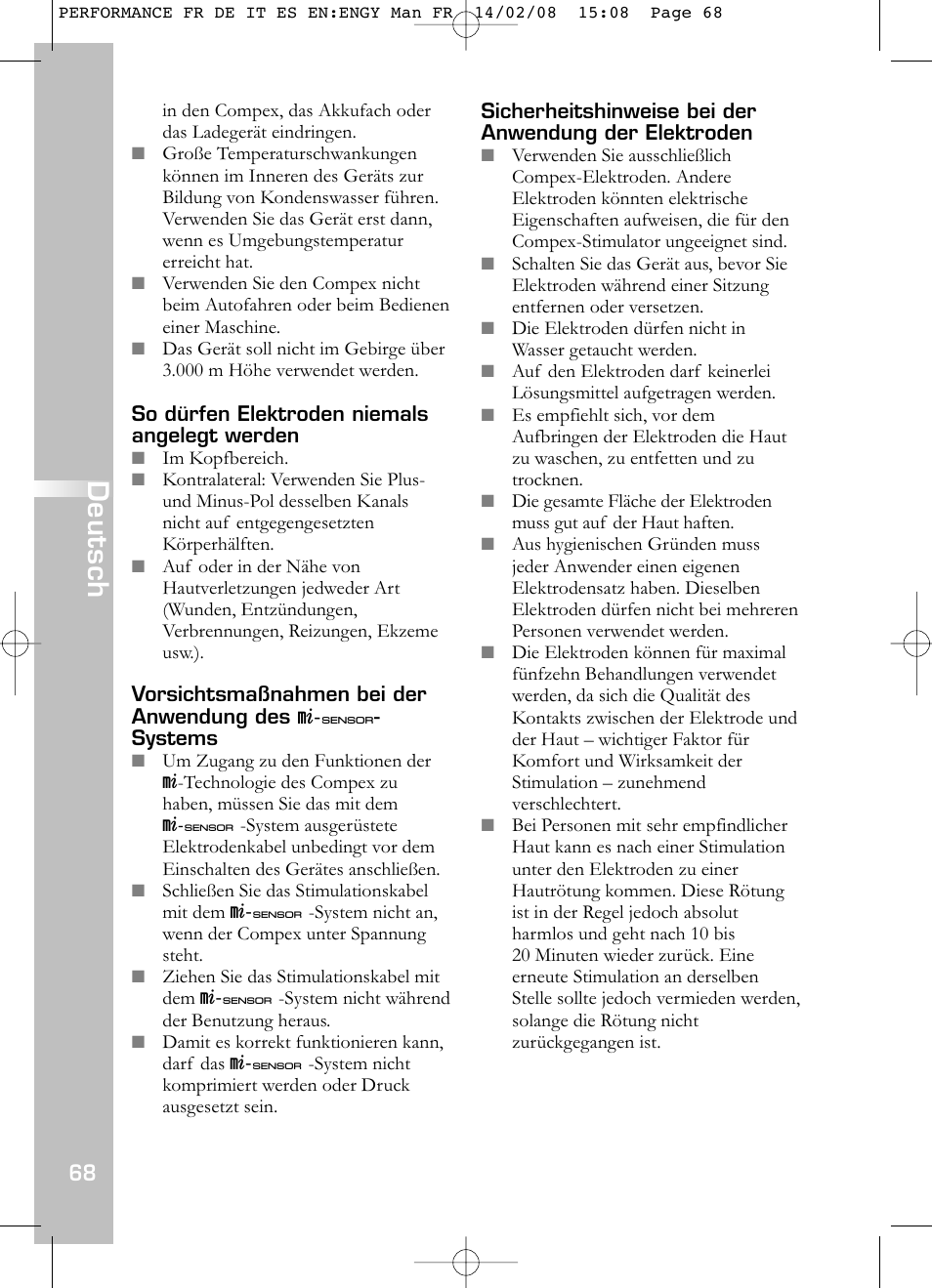 Deutsch | Compex Performance User Manual | Page 70 / 313