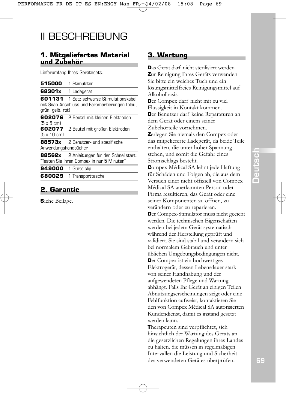 Ii beschreibung, Deutsch, Wartung | Mitgeliefertes material und zubehör, Garantie | Compex Performance User Manual | Page 71 / 313