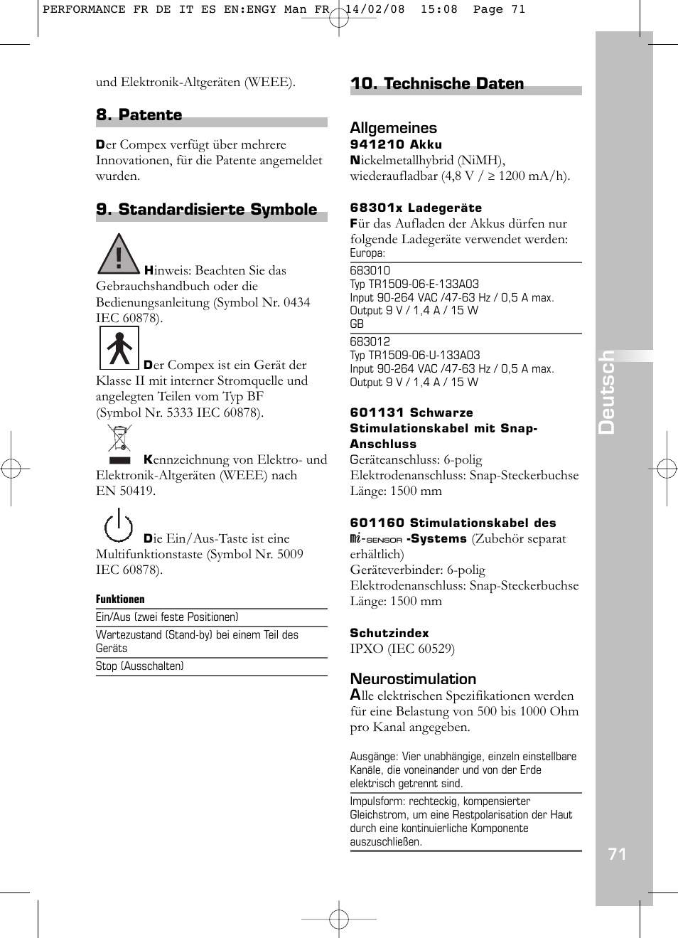 Deutsch, Patente, Standardisierte symbole | Technische daten | Compex Performance User Manual | Page 73 / 313