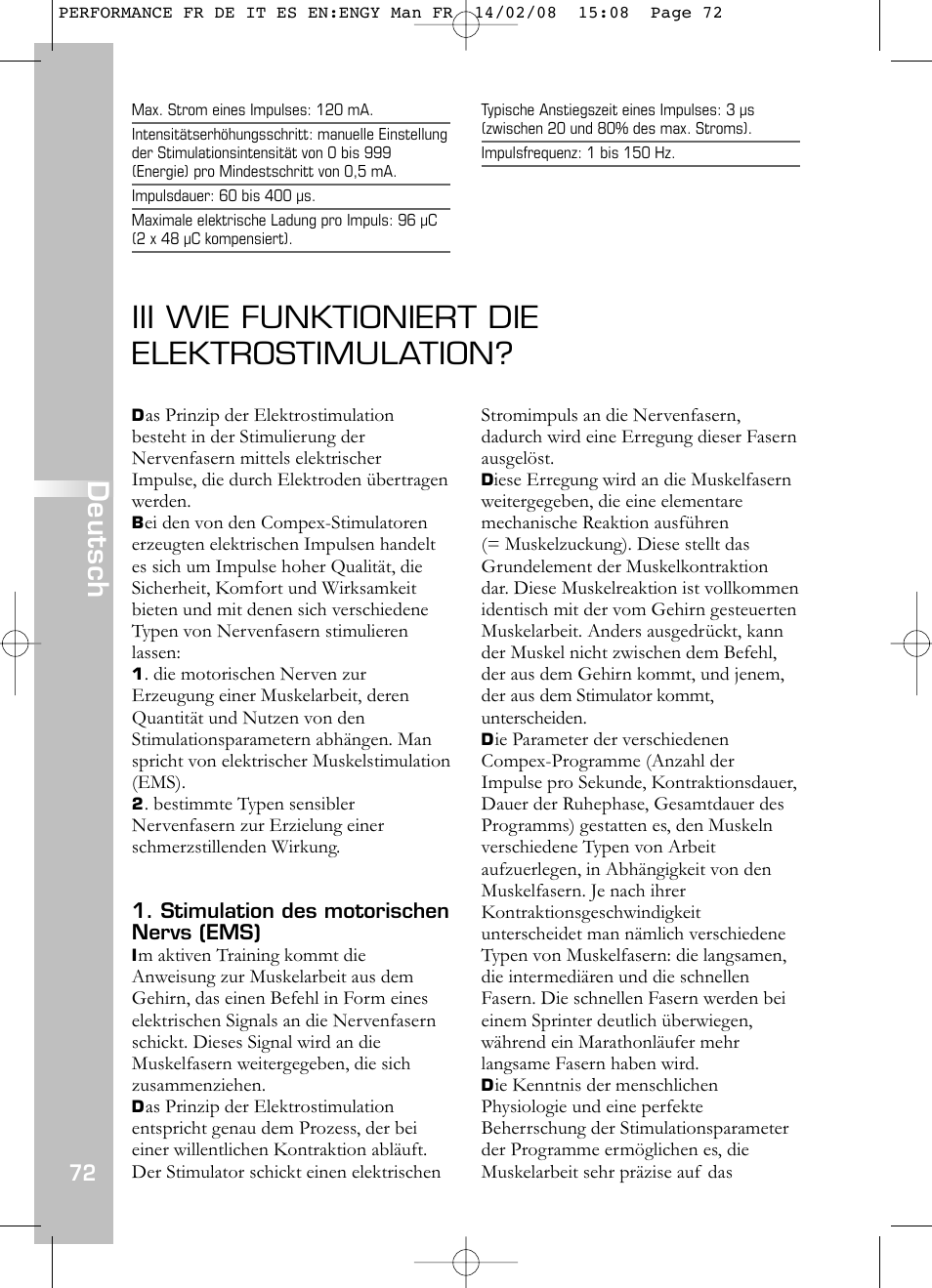 Iii wie funktioniert die elektrostimulation, Deutsch | Compex Performance User Manual | Page 74 / 313