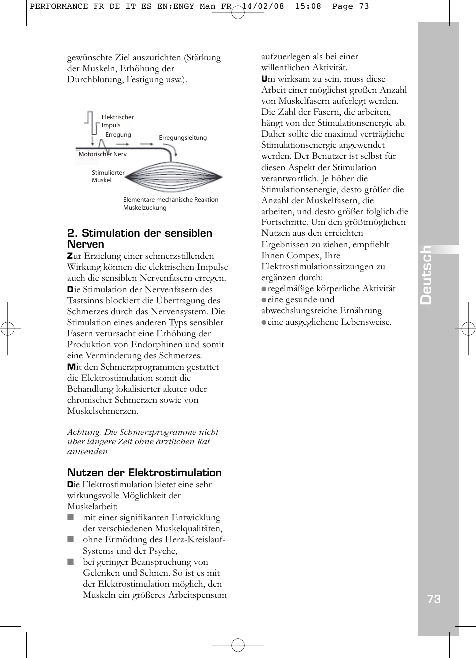 Deutsch, Stimulation der sensiblen nerven, Nutzen der elektrostimulation | Compex Performance User Manual | Page 75 / 313