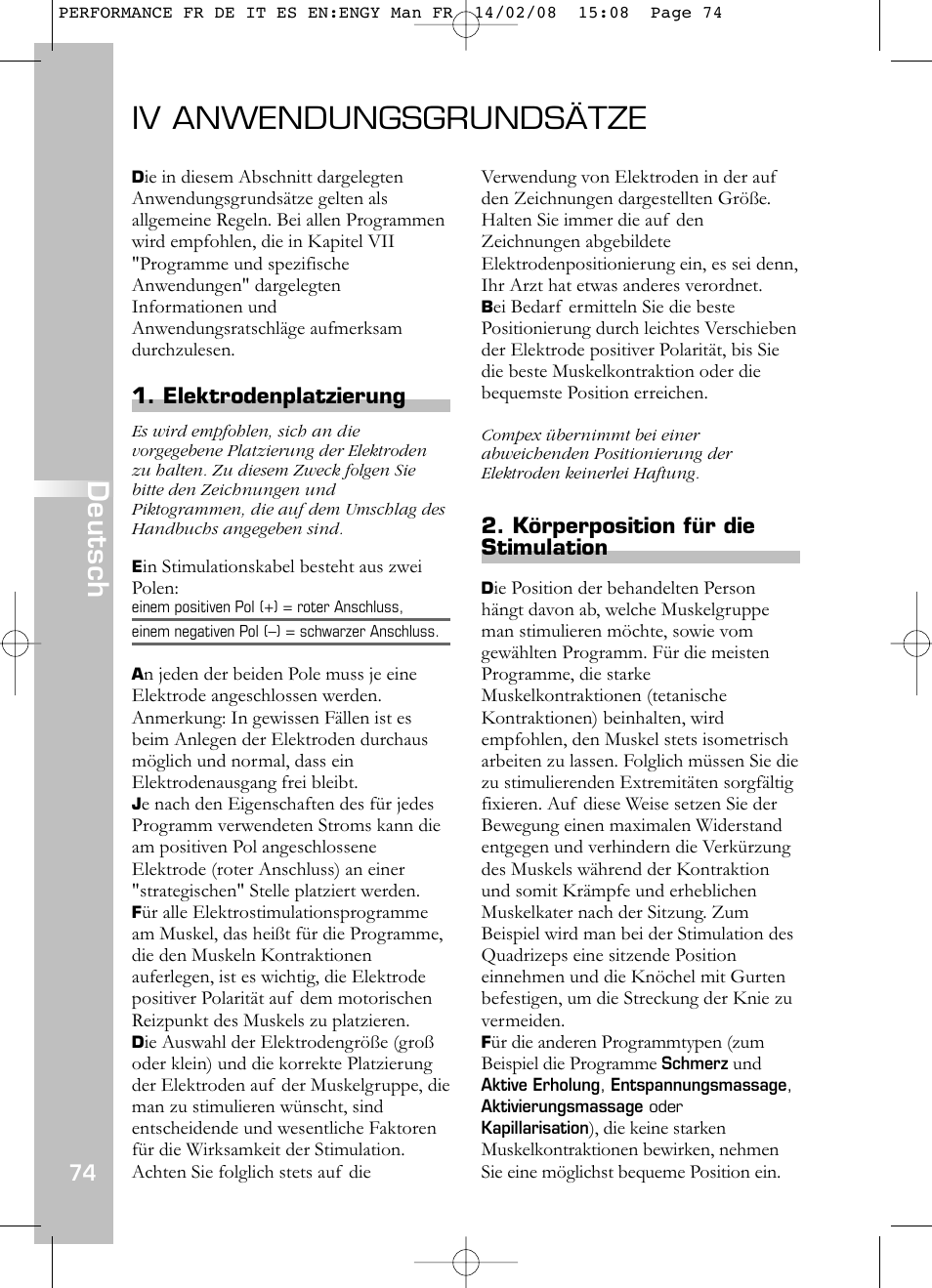 Iv anwendungsgrundsätze, Deutsch, Elektrodenplatzierung | Körperposition für die stimulation | Compex Performance User Manual | Page 76 / 313
