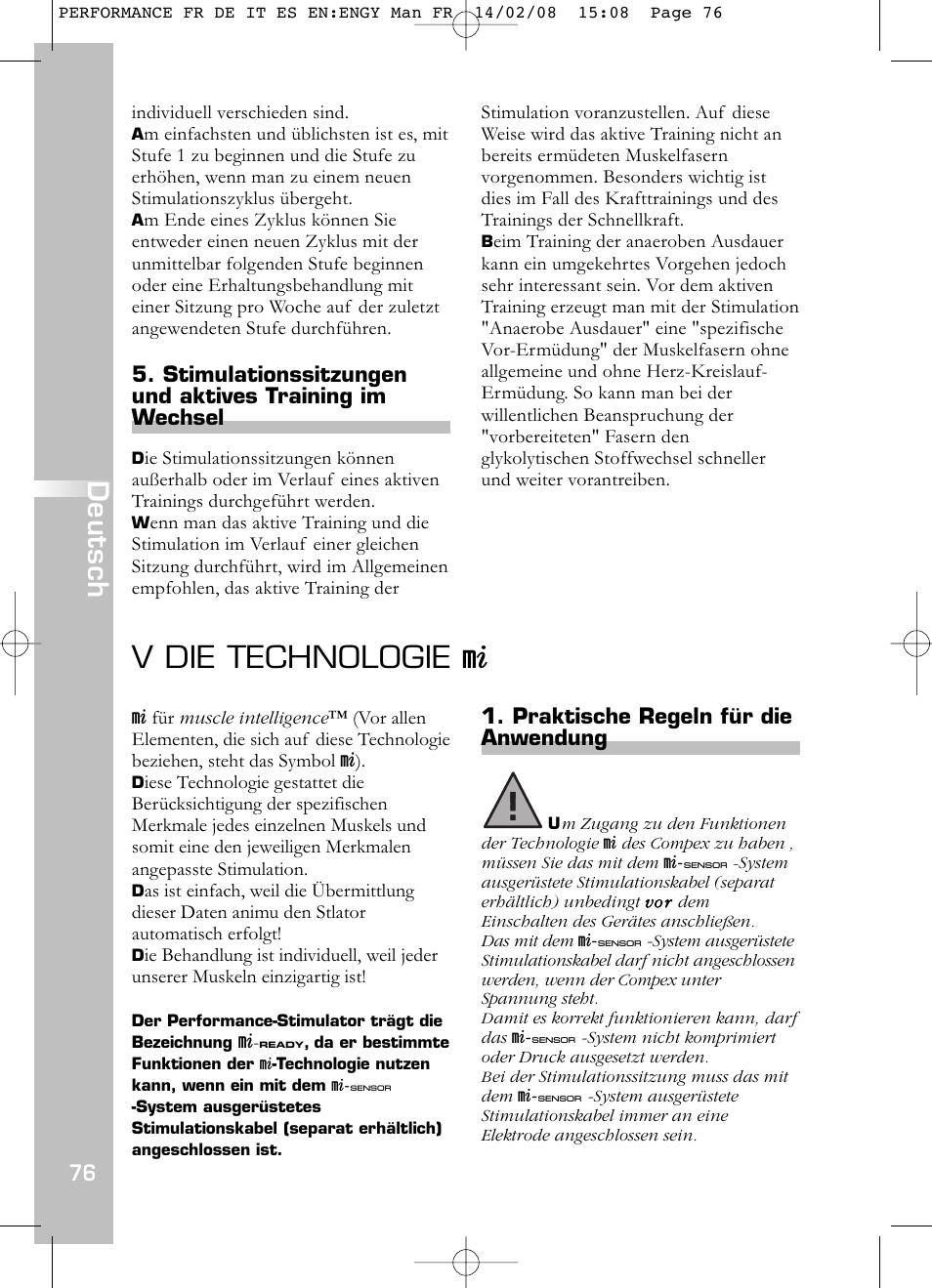 V die technologie m, Deutsch, Praktische regeln für die anwendung | Compex Performance User Manual | Page 78 / 313