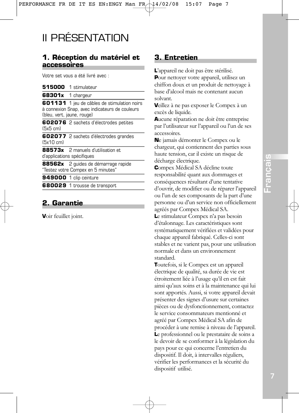 Ii présentation, Français, Entretien | Réception du matériel et accessoires, Garantie | Compex Performance User Manual | Page 9 / 313