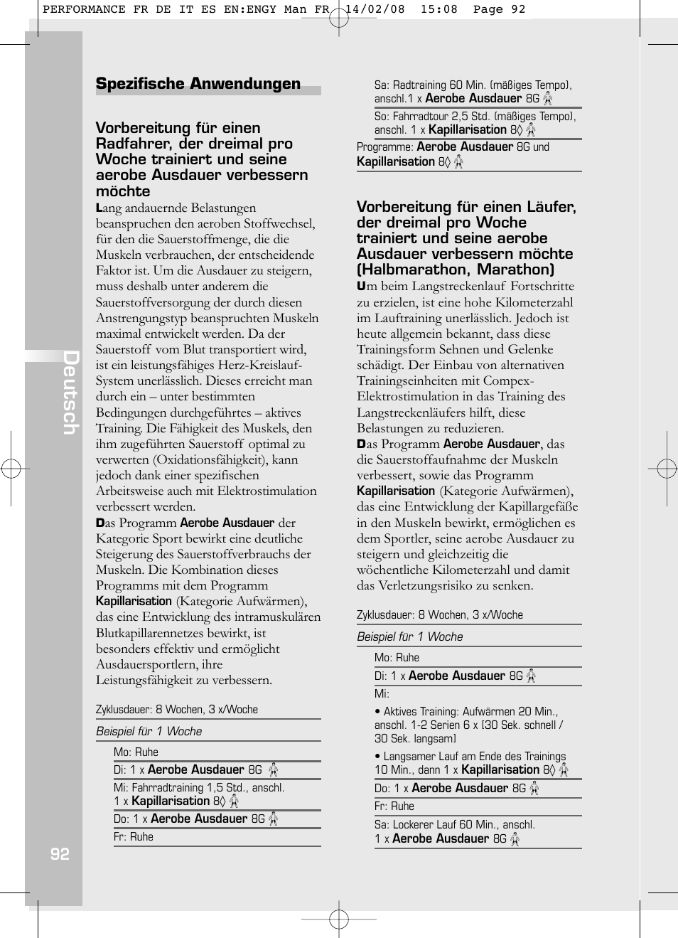 Deutsch, Spezifische anwendungen | Compex Performance User Manual | Page 94 / 313