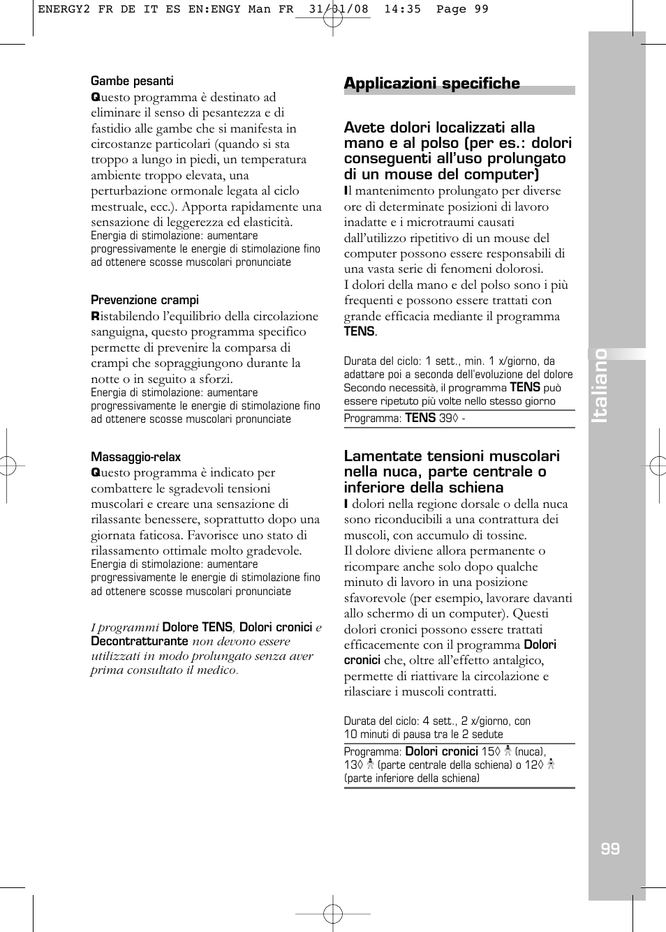 Italiano, Applicazioni specifiche | Compex Energy mi-Ready User Manual | Page 101 / 183