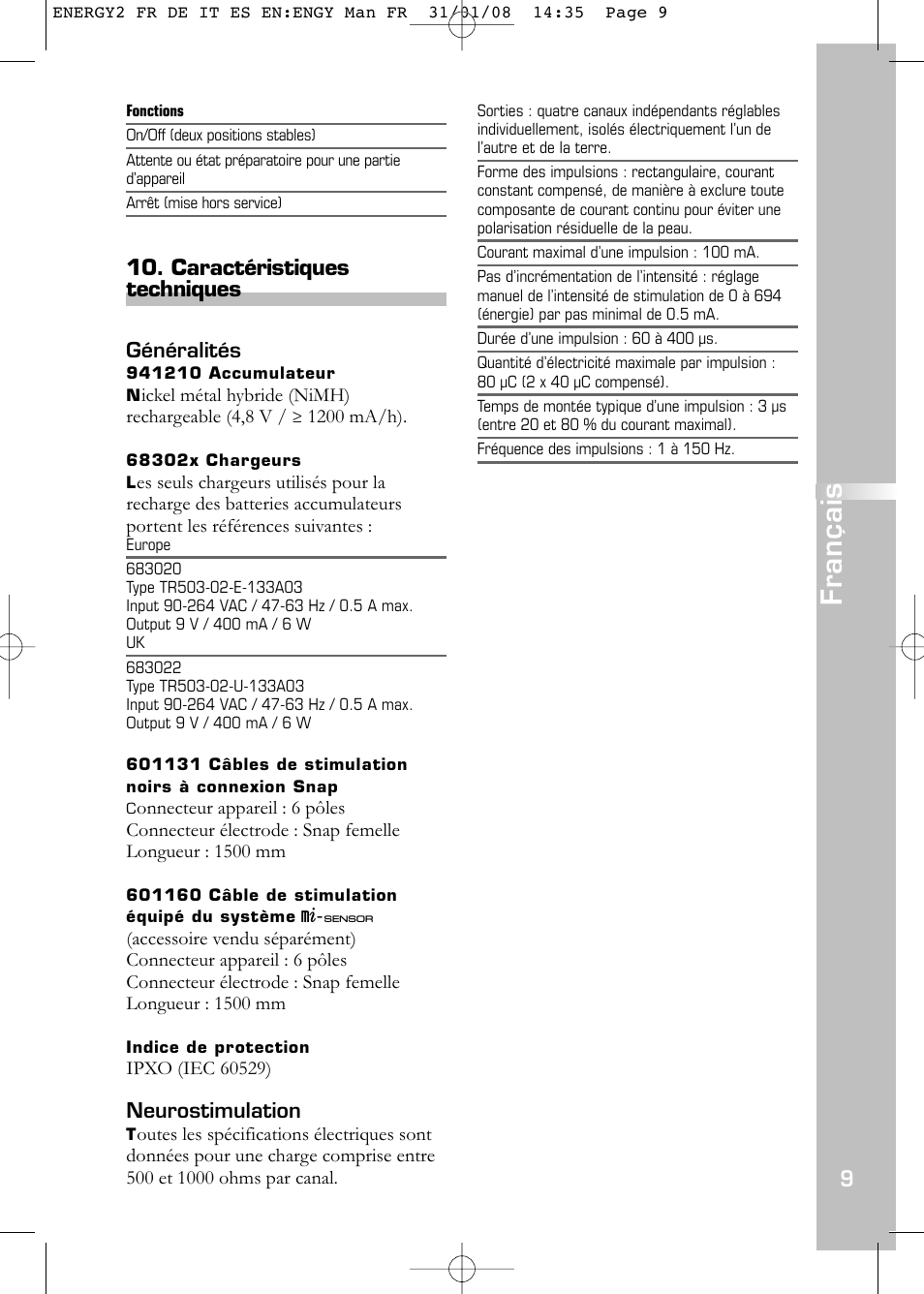 Français, Caractéristiques techniques | Compex Energy mi-Ready User Manual | Page 11 / 183