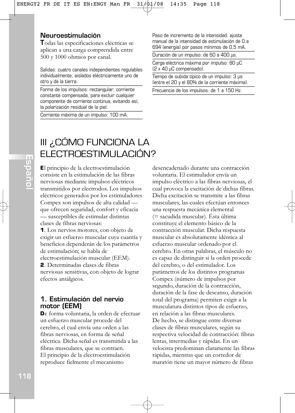 Iii ¿cómo funciona la electroestimulación, Español | Compex Energy mi-Ready User Manual | Page 120 / 183