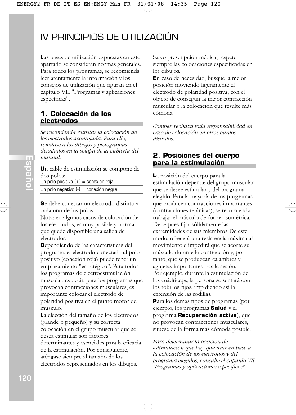 Iv principios de utilización, Español | Compex Energy mi-Ready User Manual | Page 122 / 183