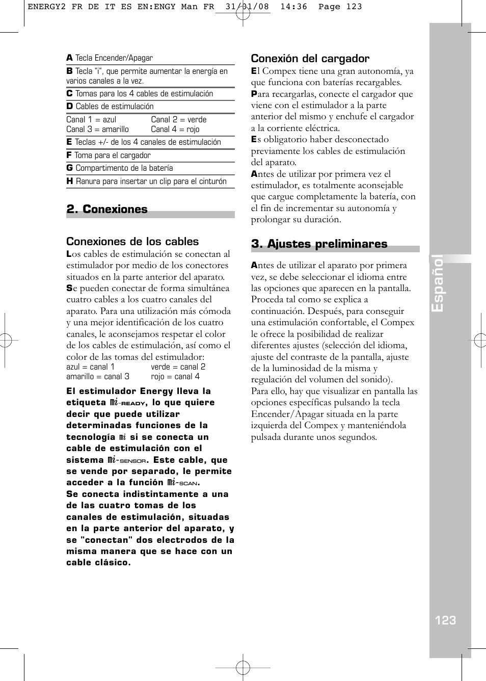 Español, Conexiones, Ajustes preliminares | Compex Energy mi-Ready User Manual | Page 125 / 183