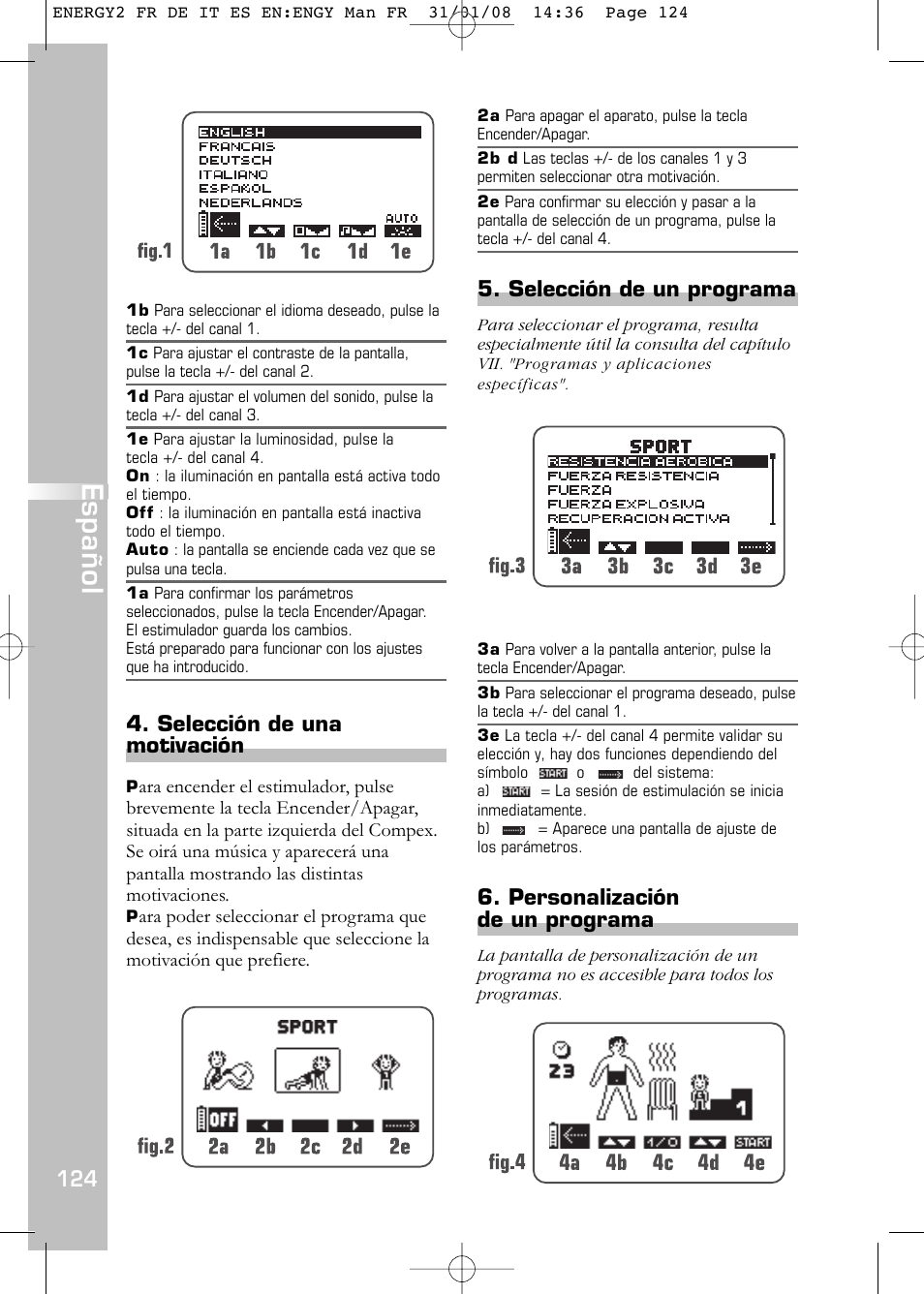 Español, Selección de una motivación, Selección de un programa | Personalización de un programa | Compex Energy mi-Ready User Manual | Page 126 / 183