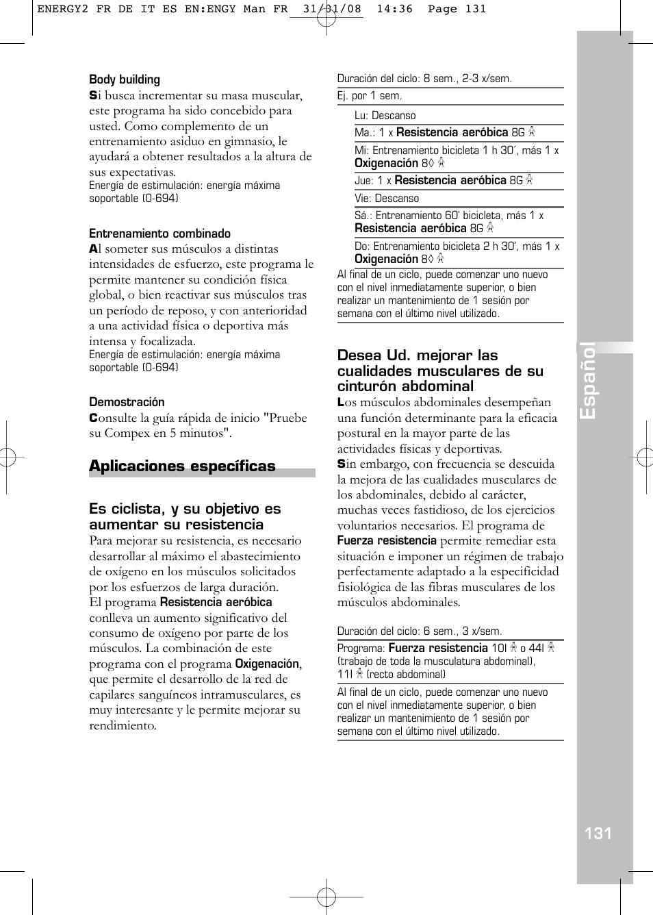 Español, Aplicaciones específicas | Compex Energy mi-Ready User Manual | Page 133 / 183
