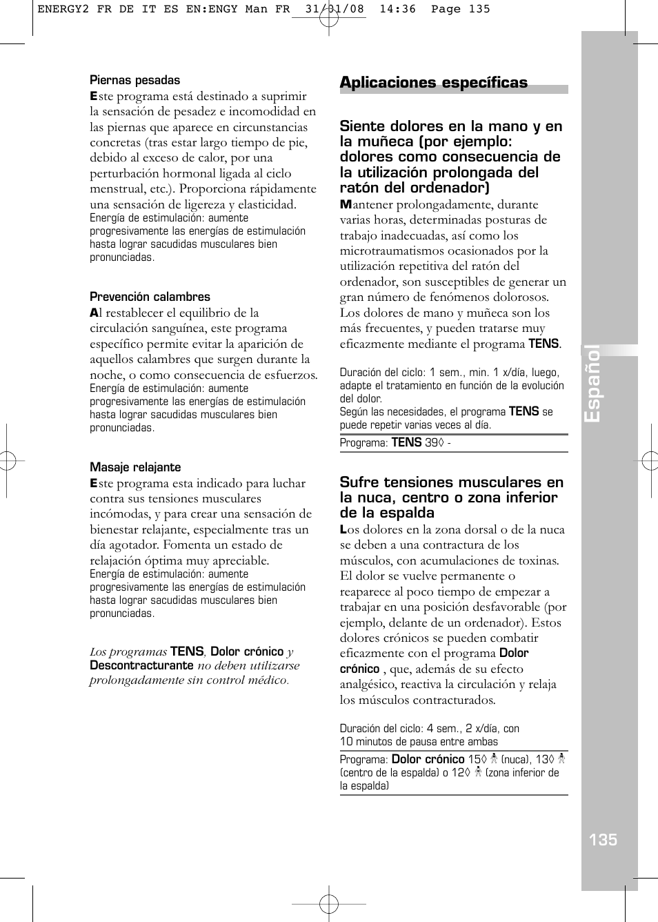 Español, Aplicaciones específicas | Compex Energy mi-Ready User Manual | Page 137 / 183