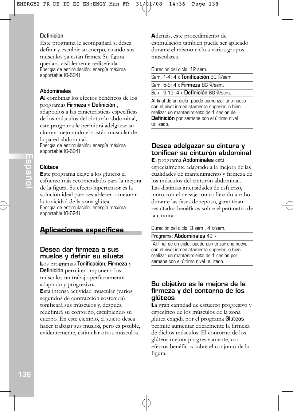 Español, Aplicaciones específicas | Compex Energy mi-Ready User Manual | Page 140 / 183