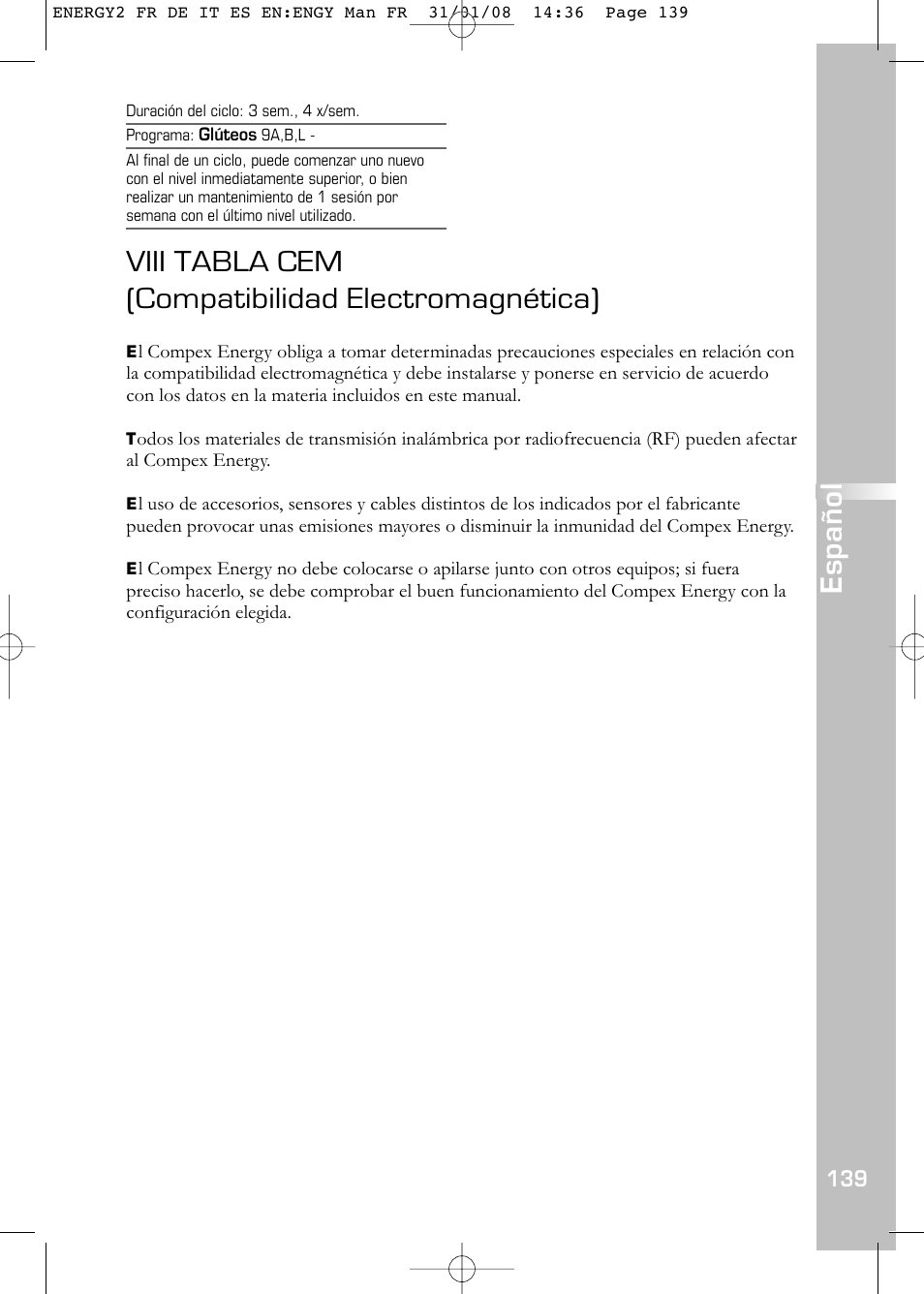 Viii tabla cem (compatibilidad electromagnética), Español | Compex Energy mi-Ready User Manual | Page 141 / 183