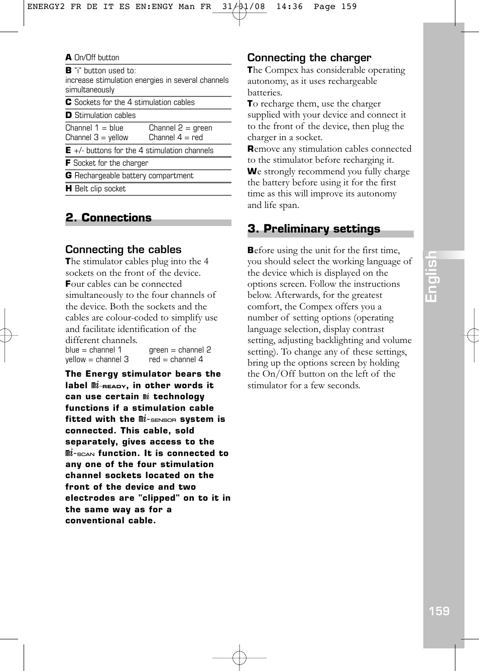 English, Connections, Preliminary settings | Compex Energy mi-Ready User Manual | Page 161 / 183