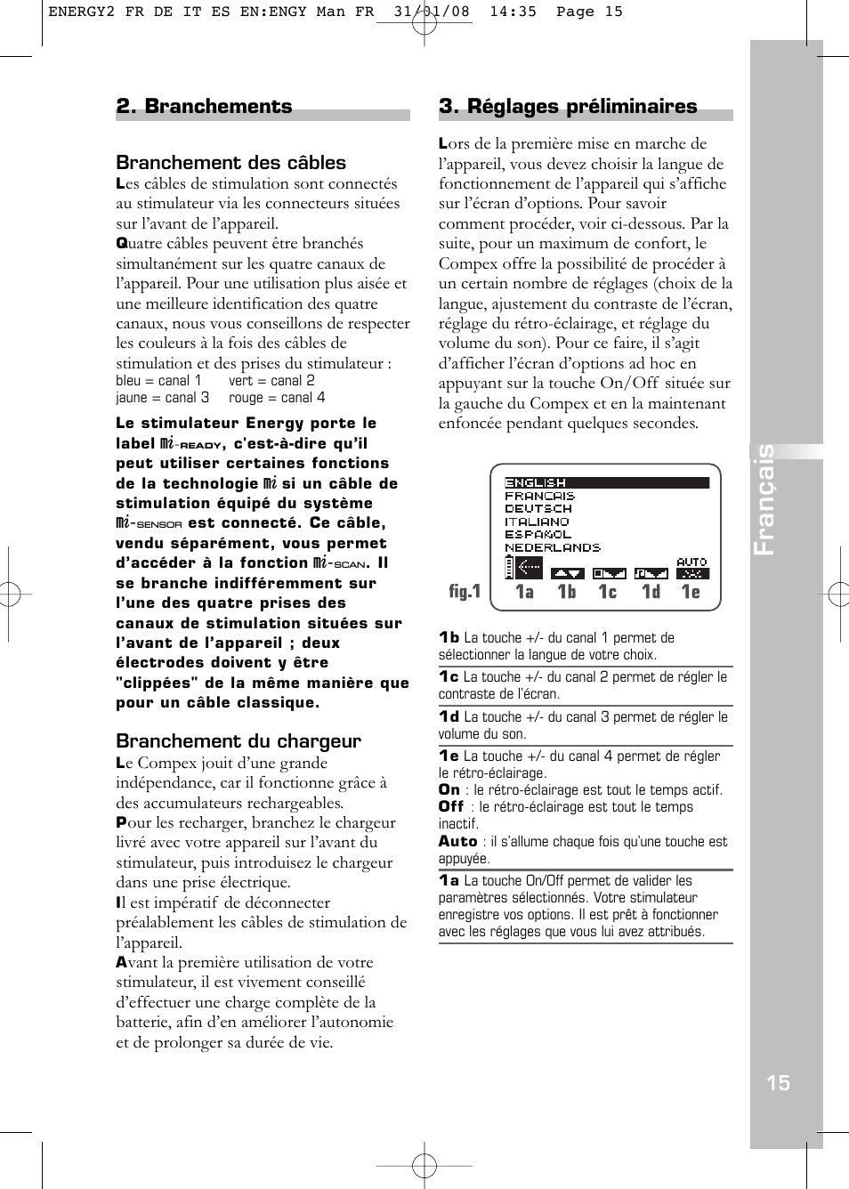 Français, Branchements, Réglages préliminaires | Compex Energy mi-Ready User Manual | Page 17 / 183