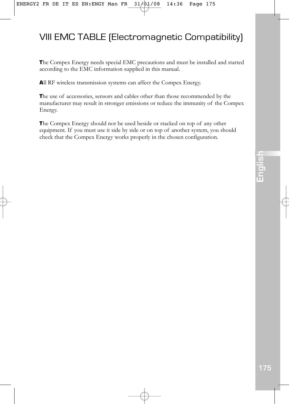 Viii emc table (electromagnetic compatibility), English | Compex Energy mi-Ready User Manual | Page 177 / 183