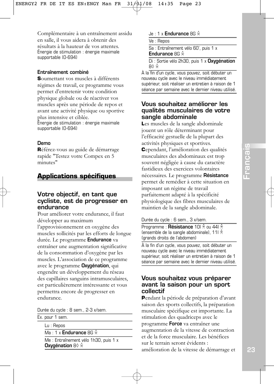 Français, Applications spécifiques | Compex Energy mi-Ready User Manual | Page 25 / 183