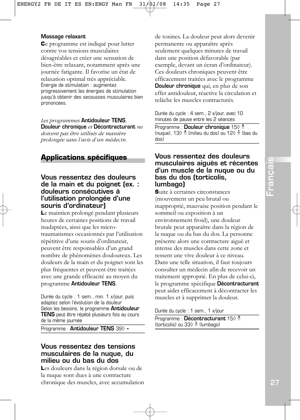Français, Applications spécifiques | Compex Energy mi-Ready User Manual | Page 29 / 183